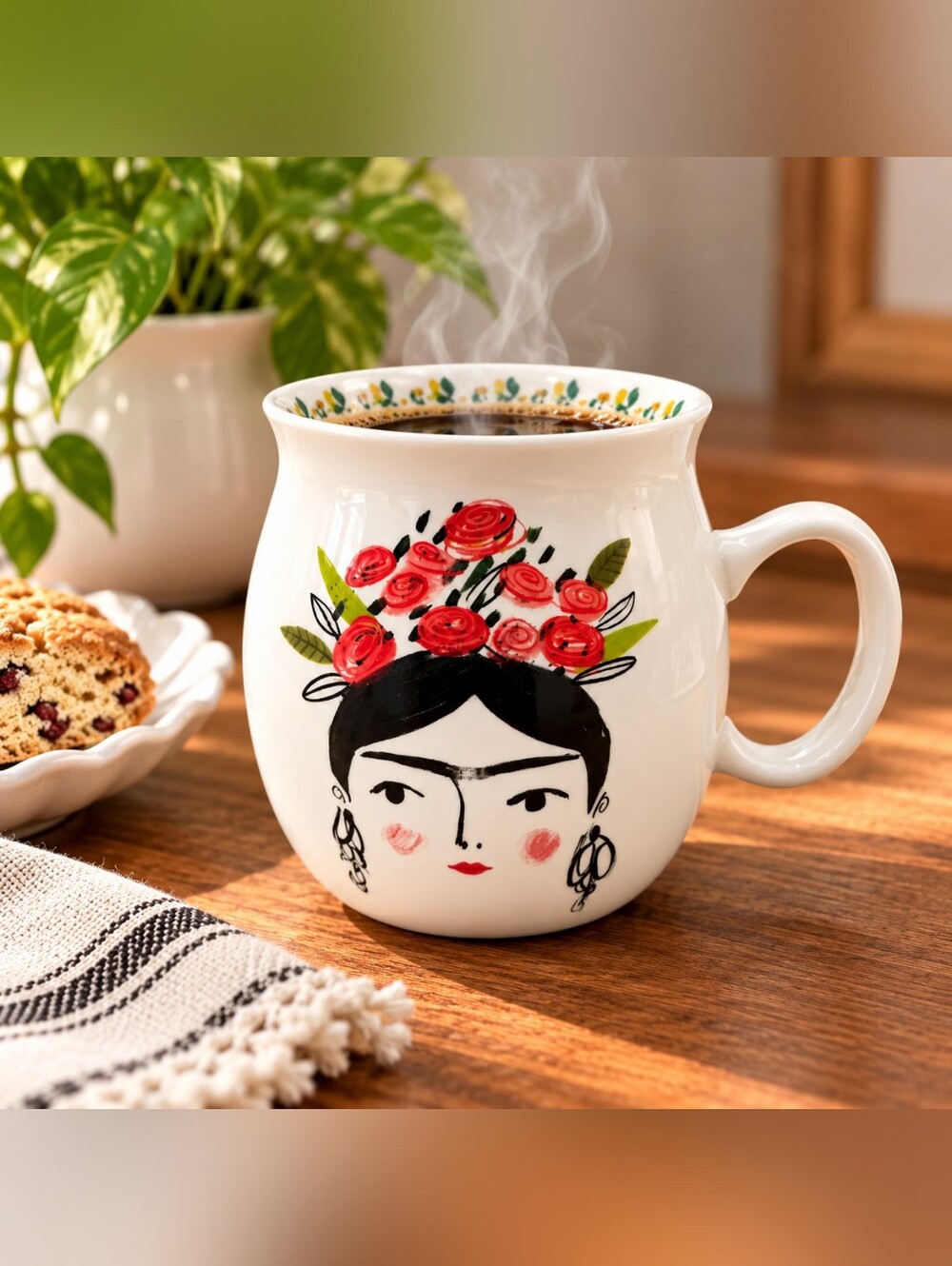 Frida Kahlo White Coffee Mug with Primo Design Red Roses